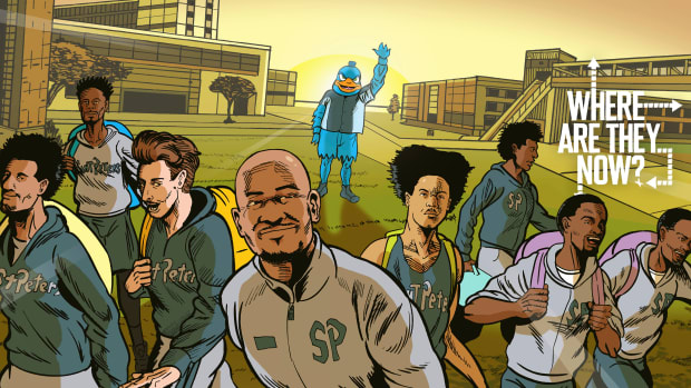 An illustration of Saint Peter’s players and Shaheen Holloway leaving the school